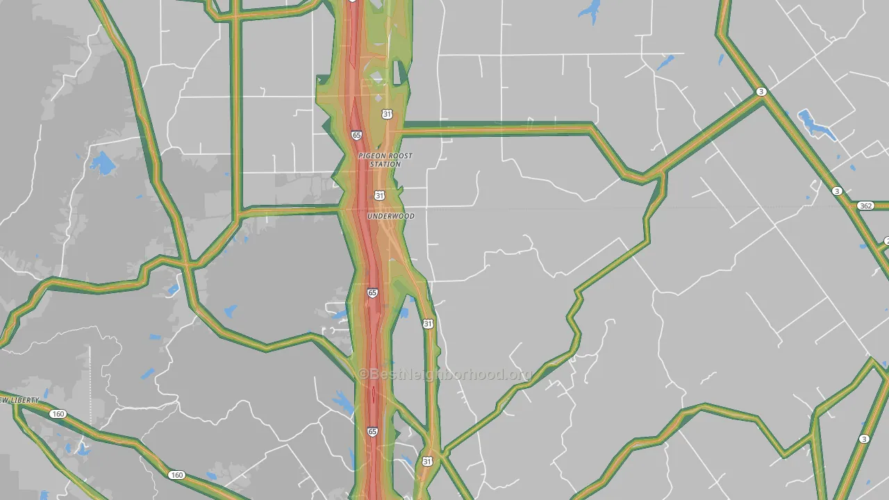 Underwood, IN Map of Noise Levels in Underwood
