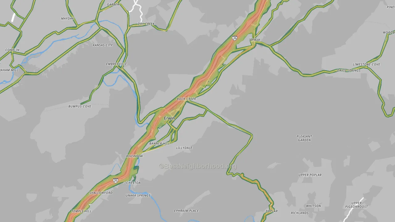 Unicoi County, TN Map of Noise Levels in Unicoi County
