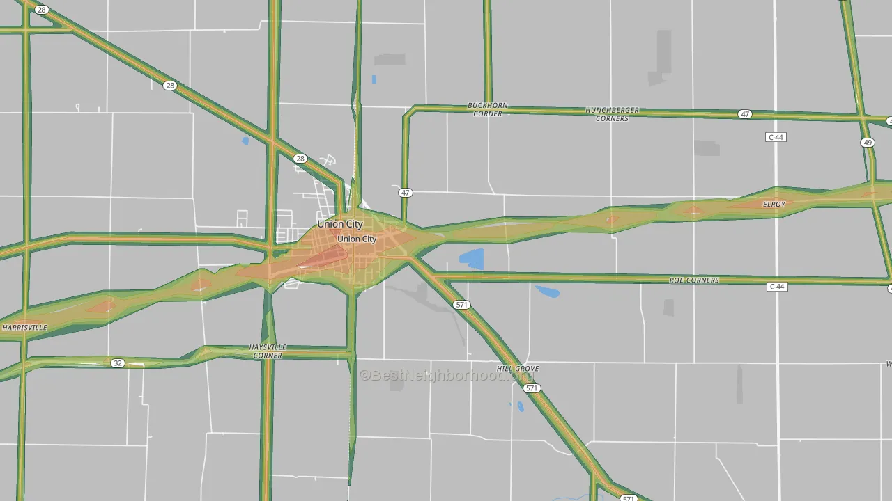 Union City, OH Map of Noise Levels in Union City