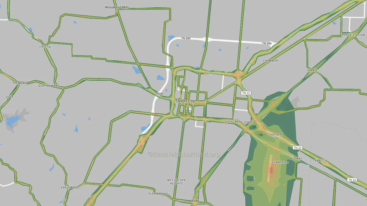 Union City, TN Map of Noise Levels in Union City
