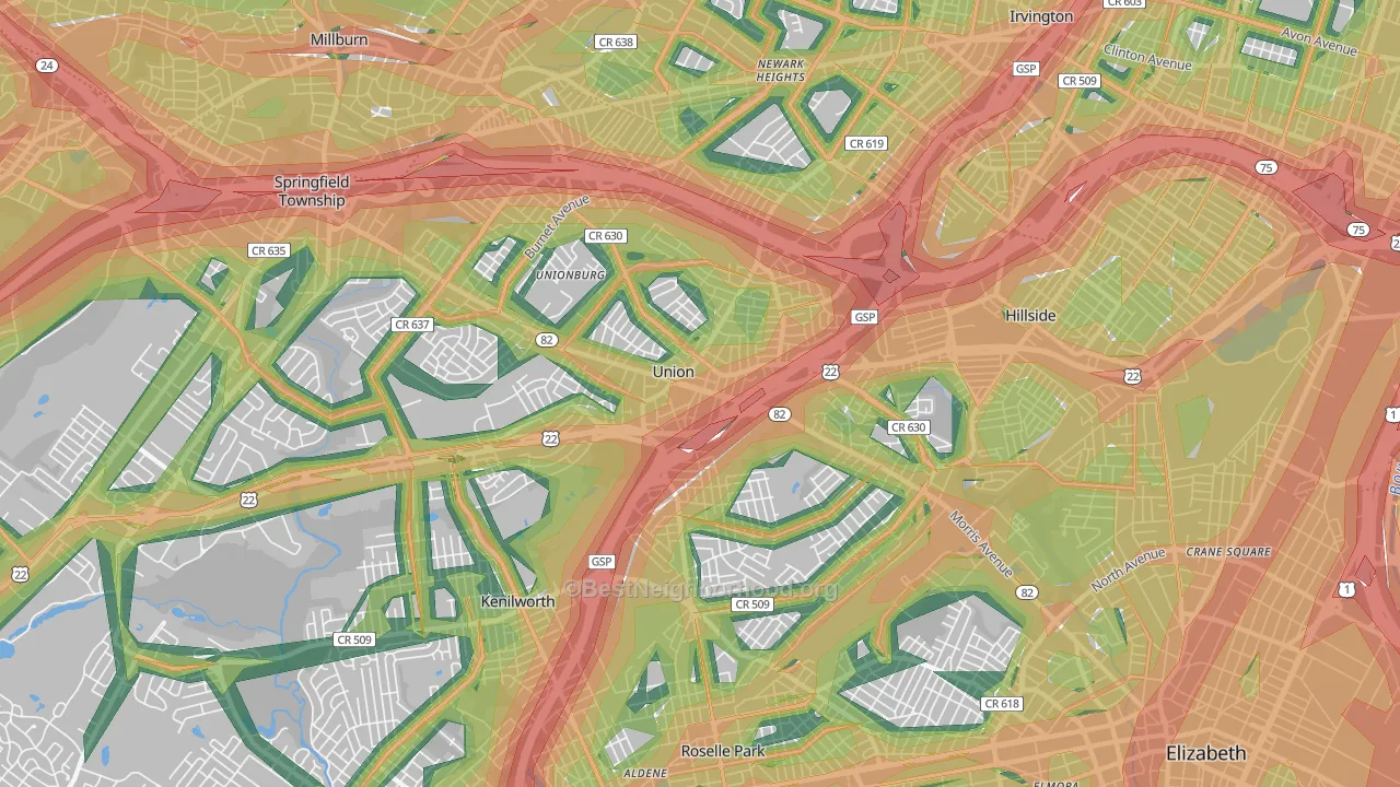 Union, NJ Map of Noise Levels in Union