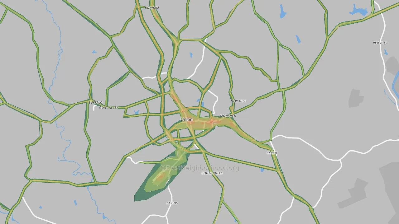 Union, SC Map of Noise Levels in Union