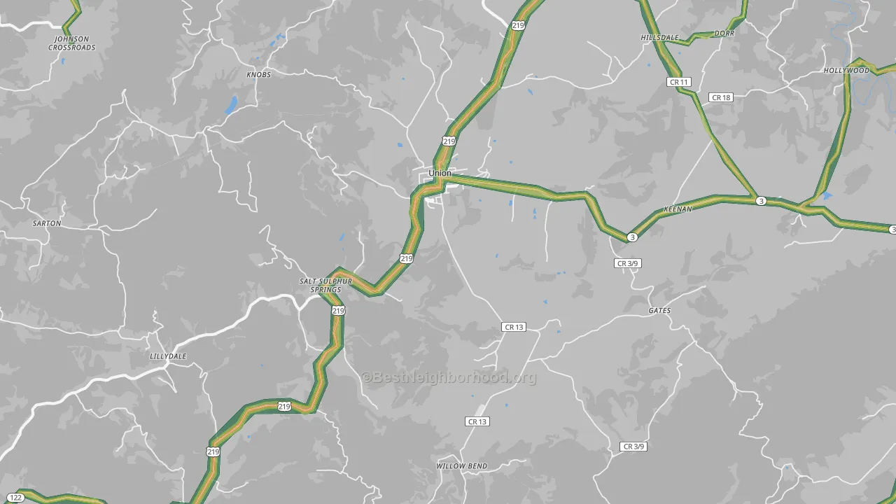 Union, WV Map of Noise Levels in Union
