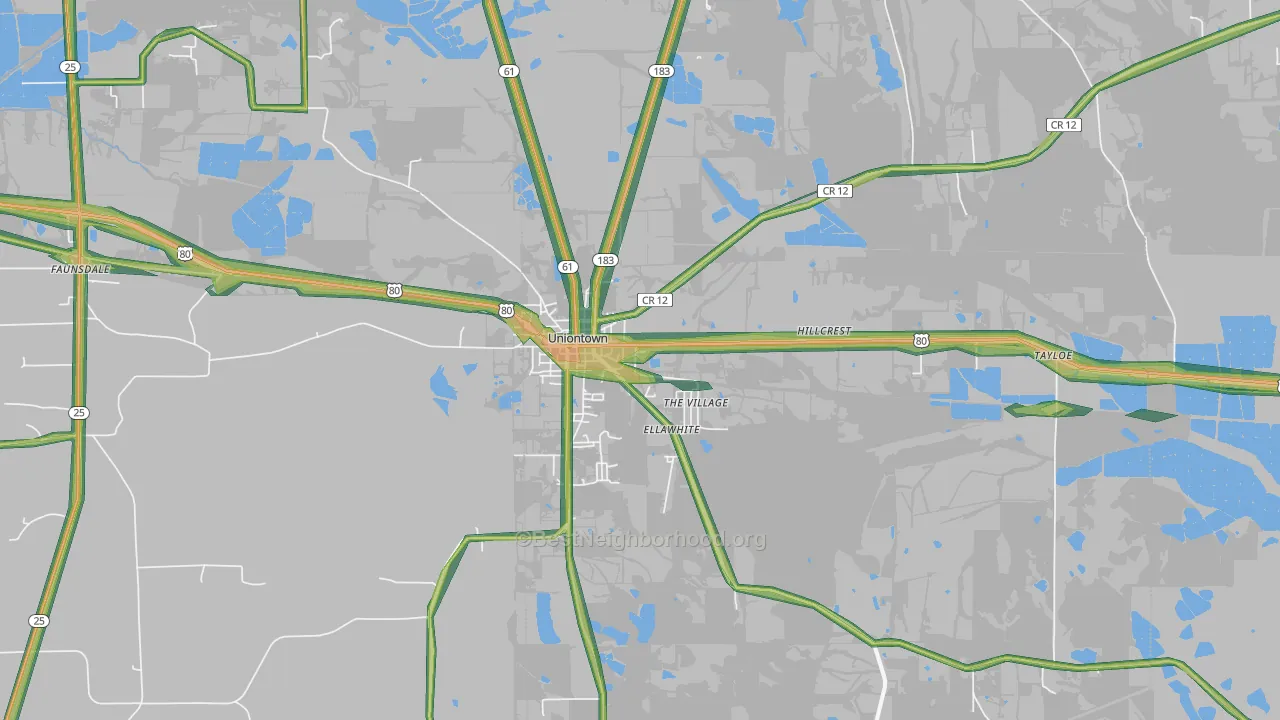 Uniontown, AL Map of Noise Levels in Uniontown