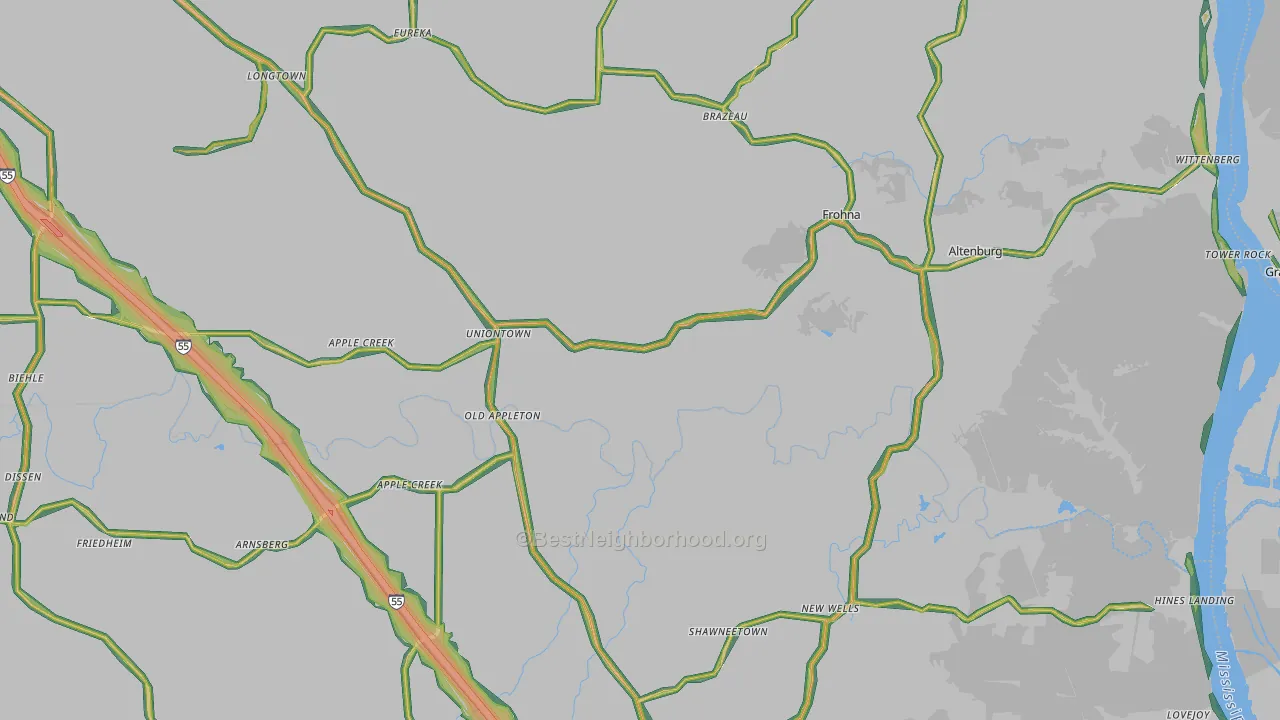 Uniontown, MO Map of Noise Levels in Uniontown