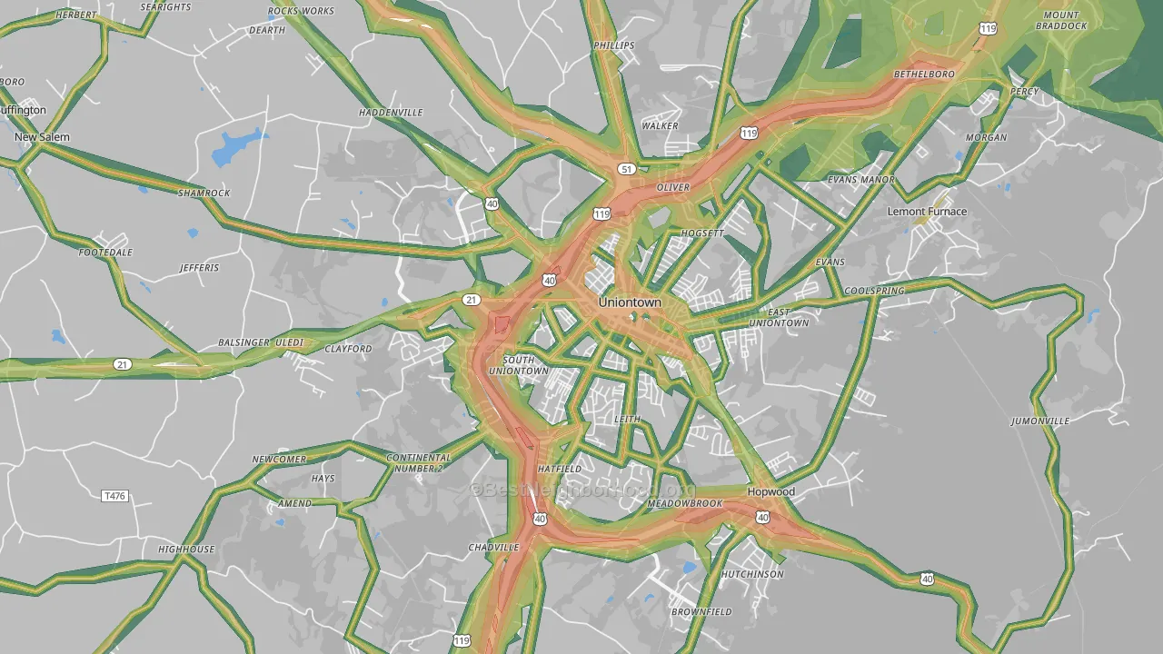 Uniontown, PA Map of Noise Levels in Uniontown