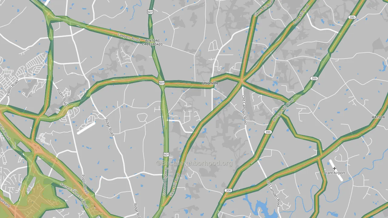 Unionville, NC Map of Noise Levels in Unionville