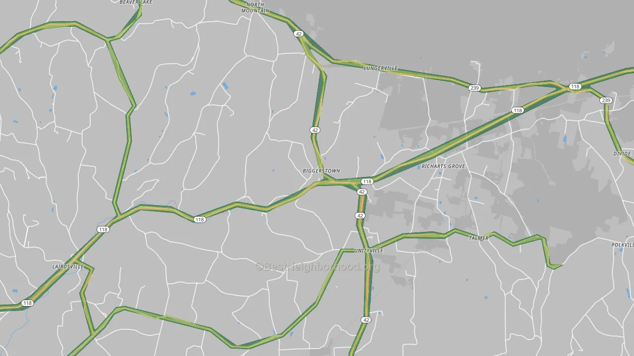 Unityville, PA Map of Noise Levels in Unityville