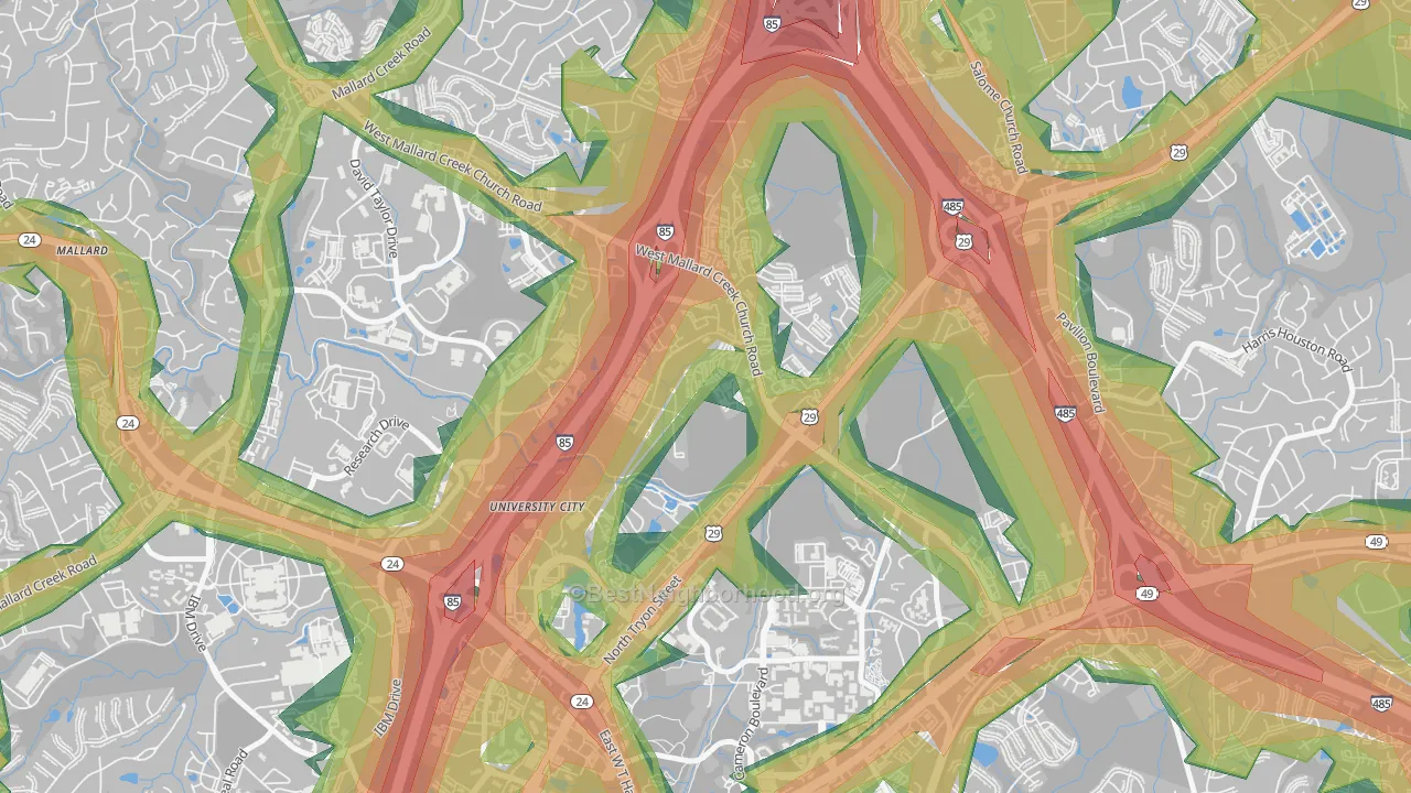 University City North, Charlotte, NC Map of Noise Levels in University City North