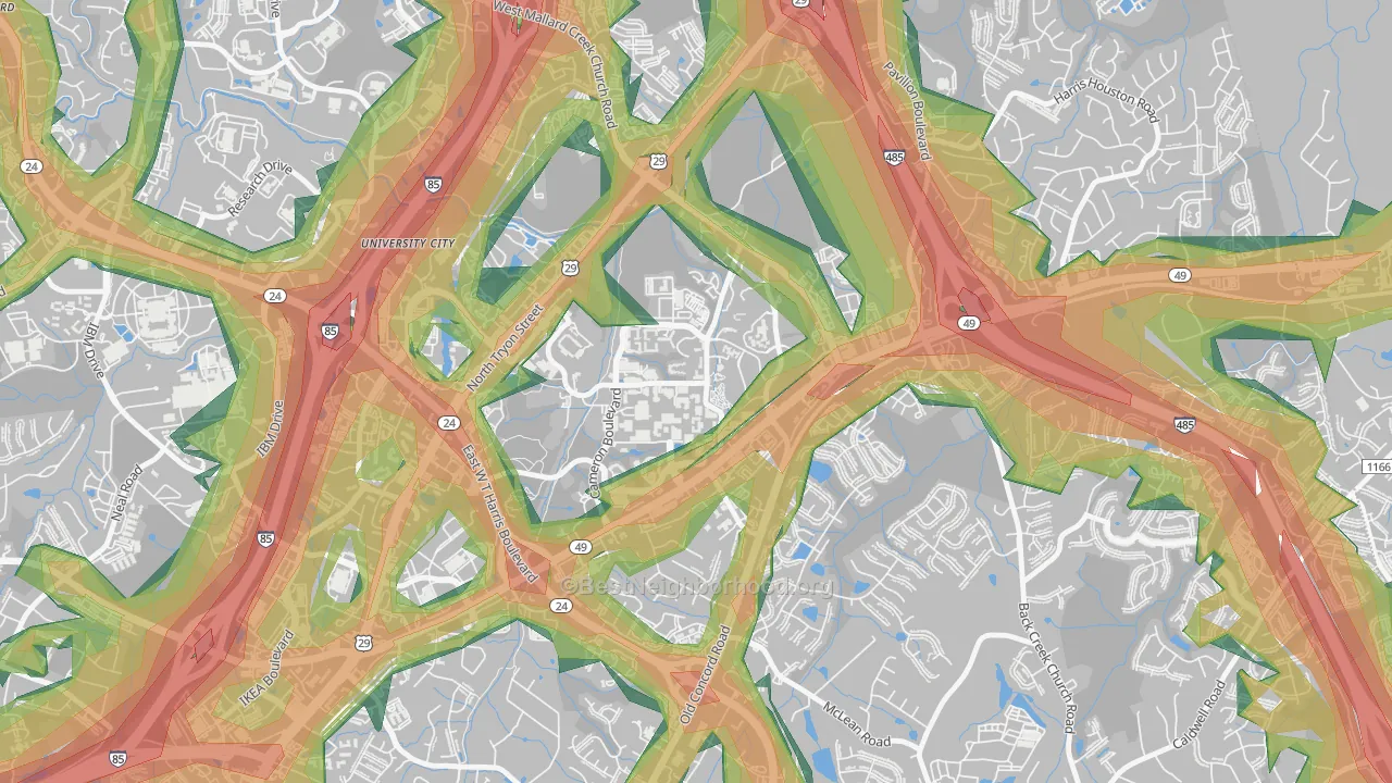 University City South, Charlotte, NC Map of Noise Levels in University City South
