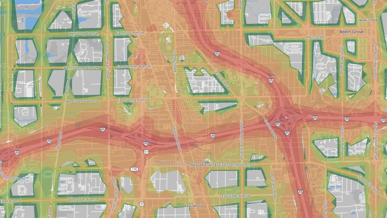 University Heights and Rosedale Hills, Indianapolis, IN Map of Noise Levels in University Heights and Rosedale Hills