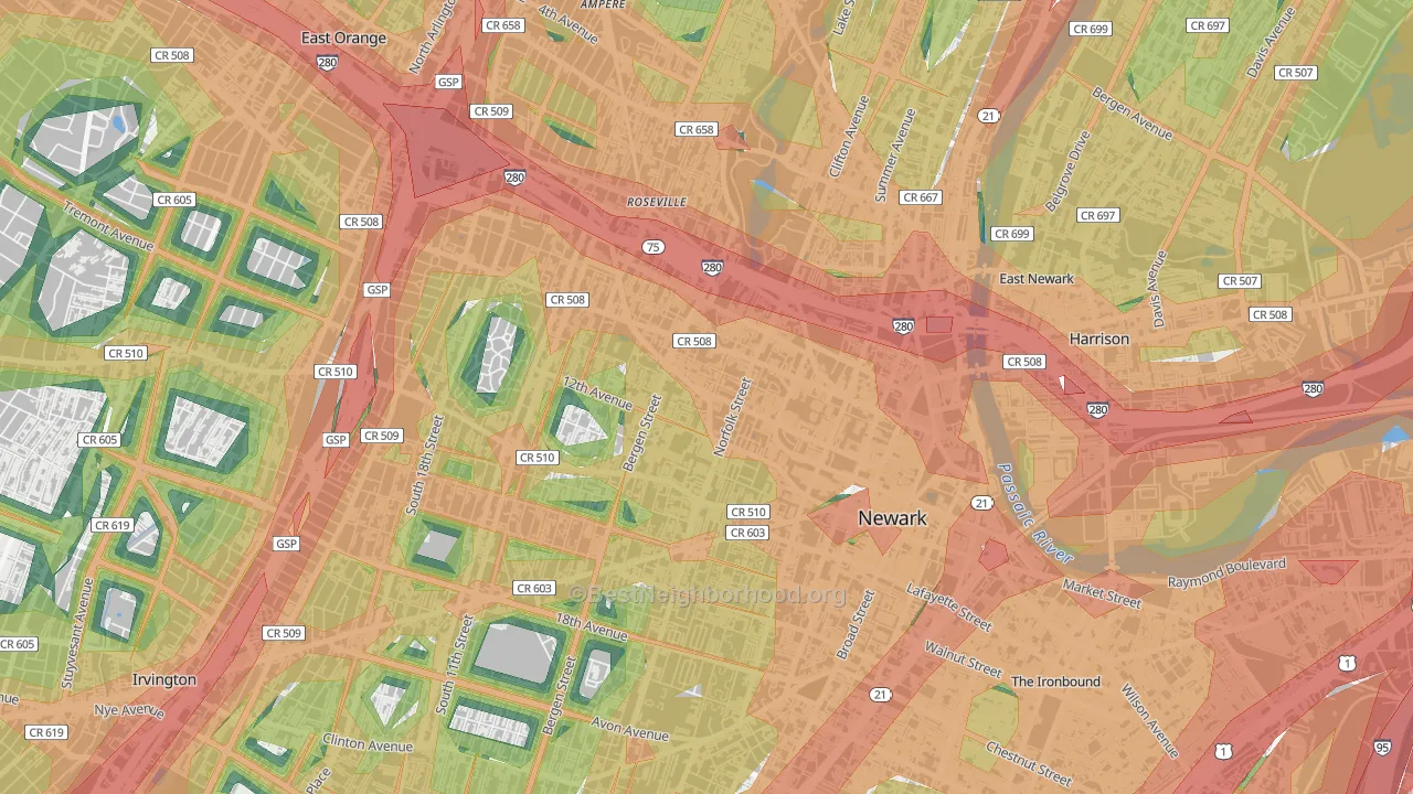 University Heights, Newark, NJ Map of Noise Levels in University Heights