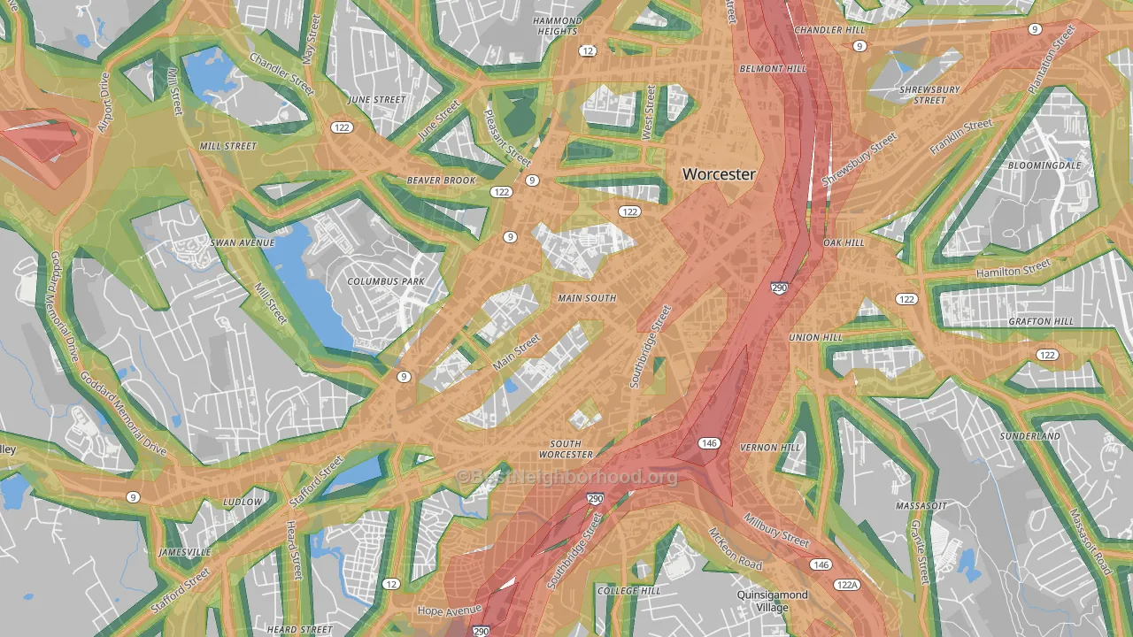 University Park, Worcester, MA Map of Noise Levels in University Park