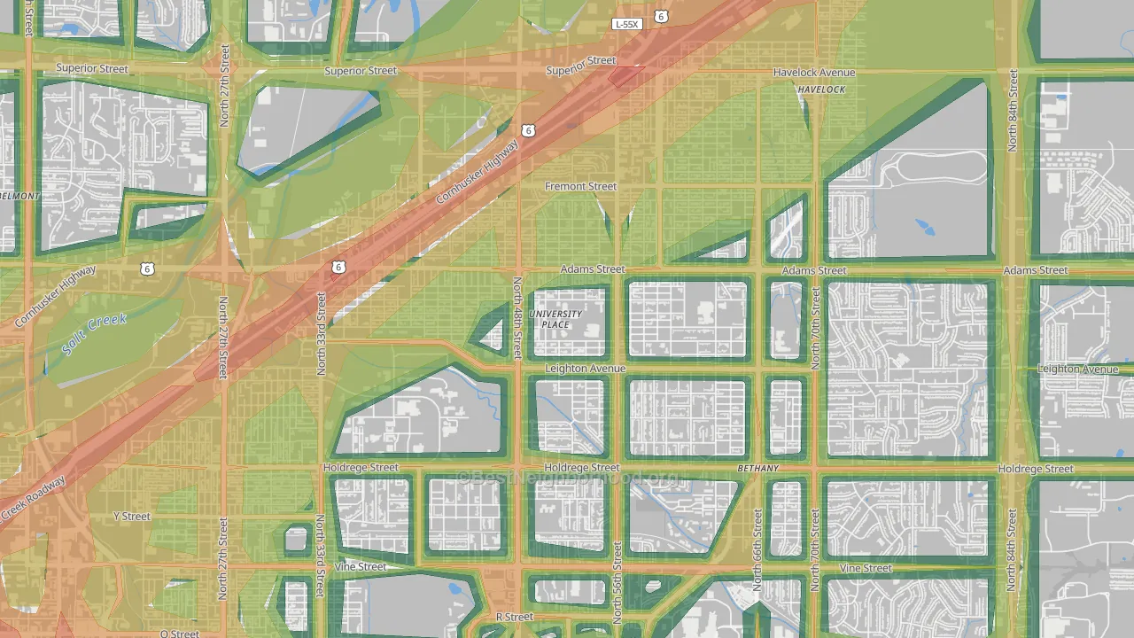 University Place, Lincoln, NE Map of Noise Levels in University Place