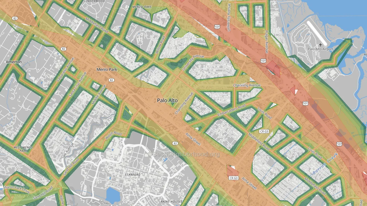 University South, Palo Alto, CA Map of Noise Levels in University South