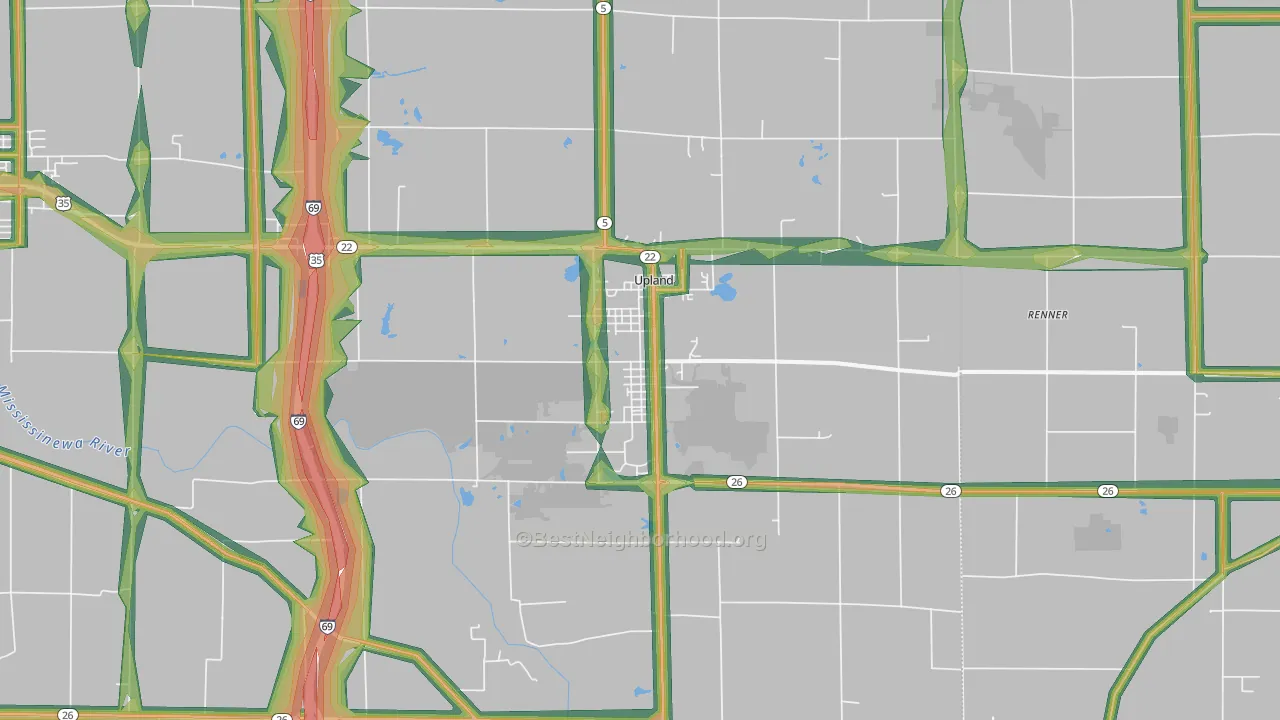 Upland, IN Map of Noise Levels in Upland