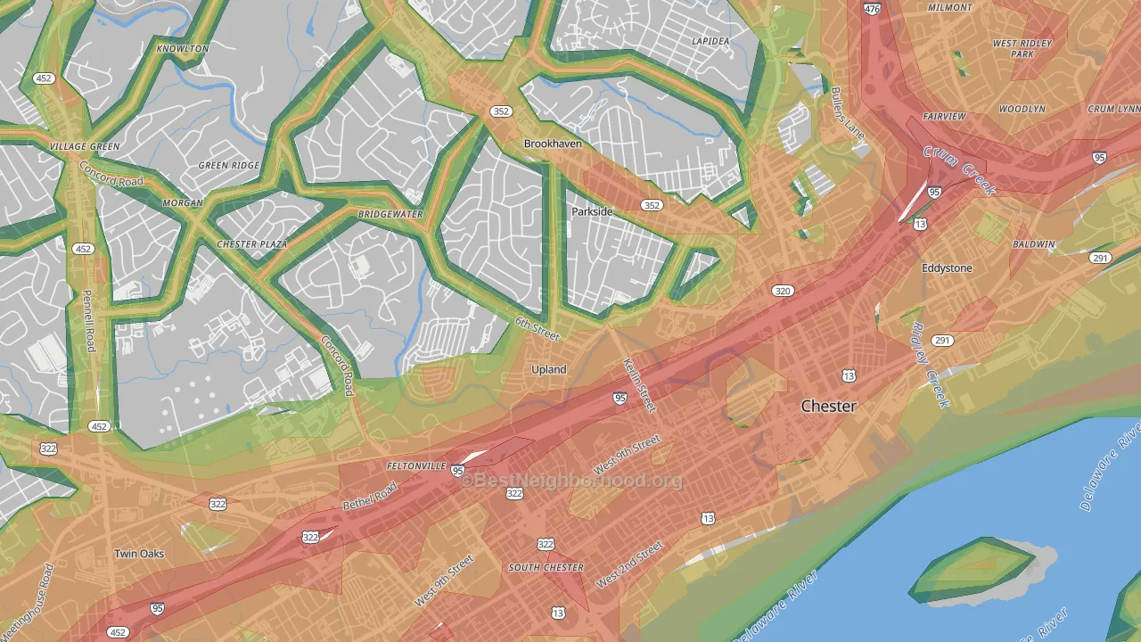 Upland, PA Map of Noise Levels in Upland