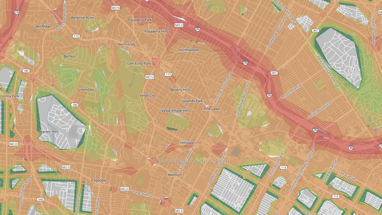 Uplands Park, MO Map of Noise Levels in Uplands Park