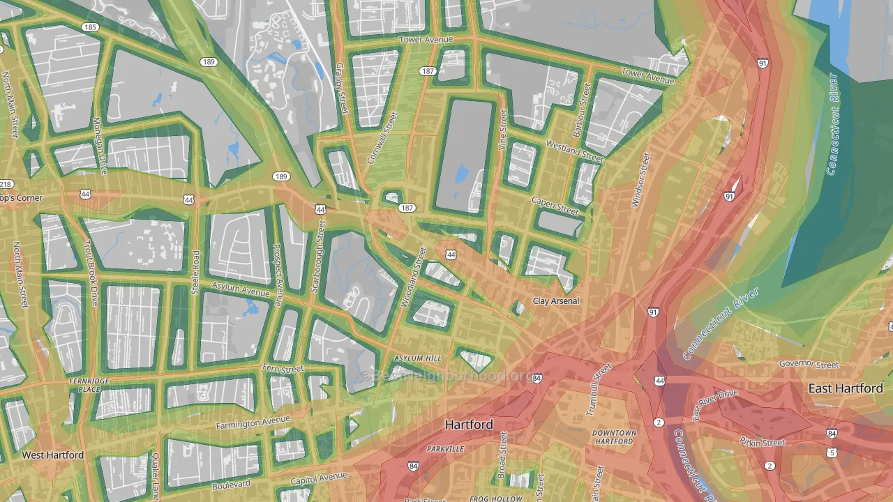 Upper Albany, Hartford, CT Map of Noise Levels in Upper Albany