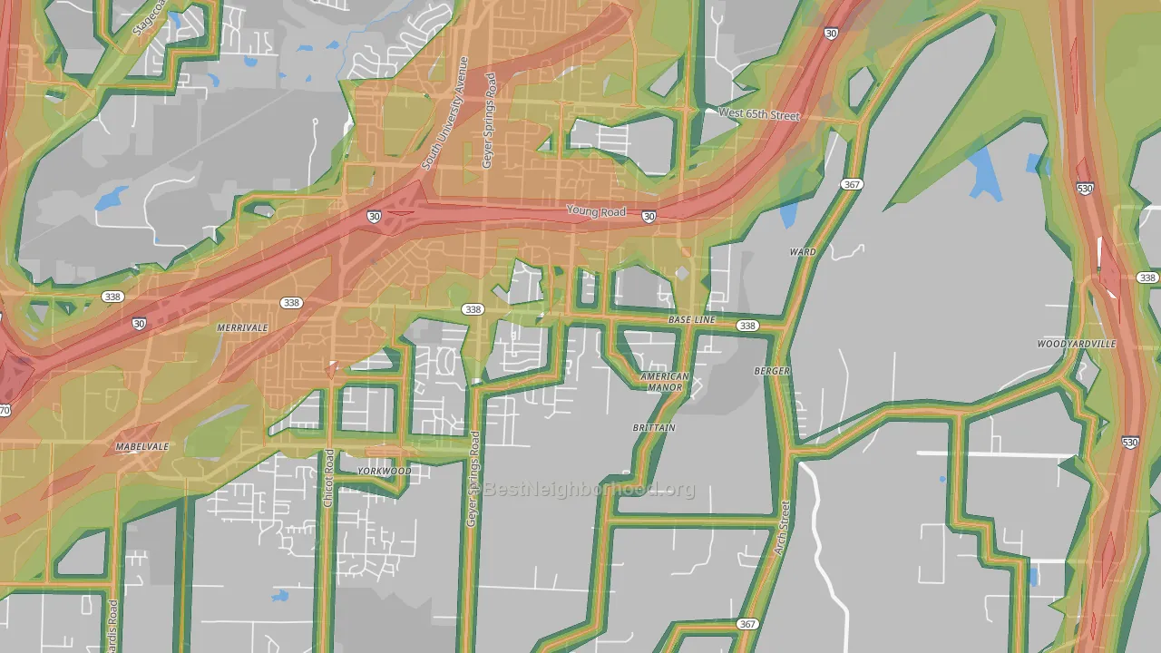 Upper Baseline, Little Rock, AR Map of Noise Levels in Upper Baseline