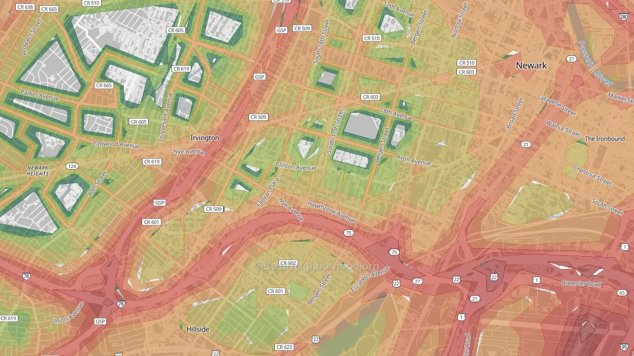 Upper Clinton Hill, Newark, NJ Map of Noise Levels in Upper Clinton Hill