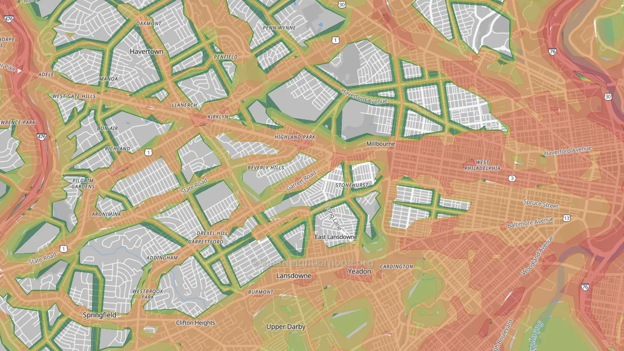 Upper Darby, PA Map of Noise Levels in Upper Darby