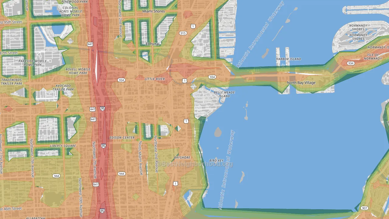 Upper Eastside, Miami, FL Map of Noise Levels in Upper Eastside