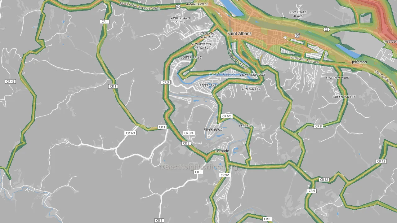Upper Falls, WV Map of Noise Levels in Upper Falls