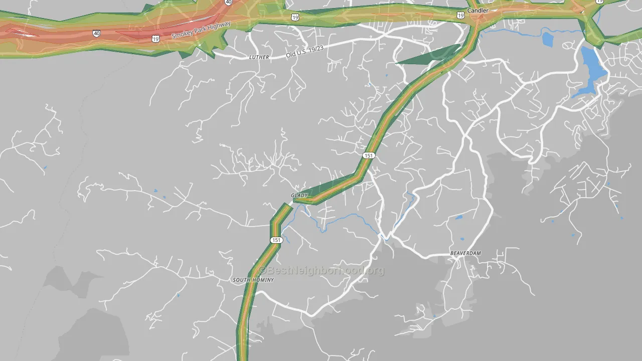 Upper Hominy, NC Map of Noise Levels in Upper Hominy
