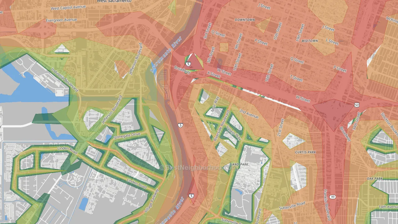 Upper Land Park, Sacramento, CA Map of Noise Levels in Upper Land Park