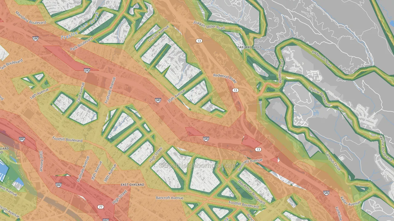 Upper Laurel, Oakland, CA Map of Noise Levels in Upper Laurel
