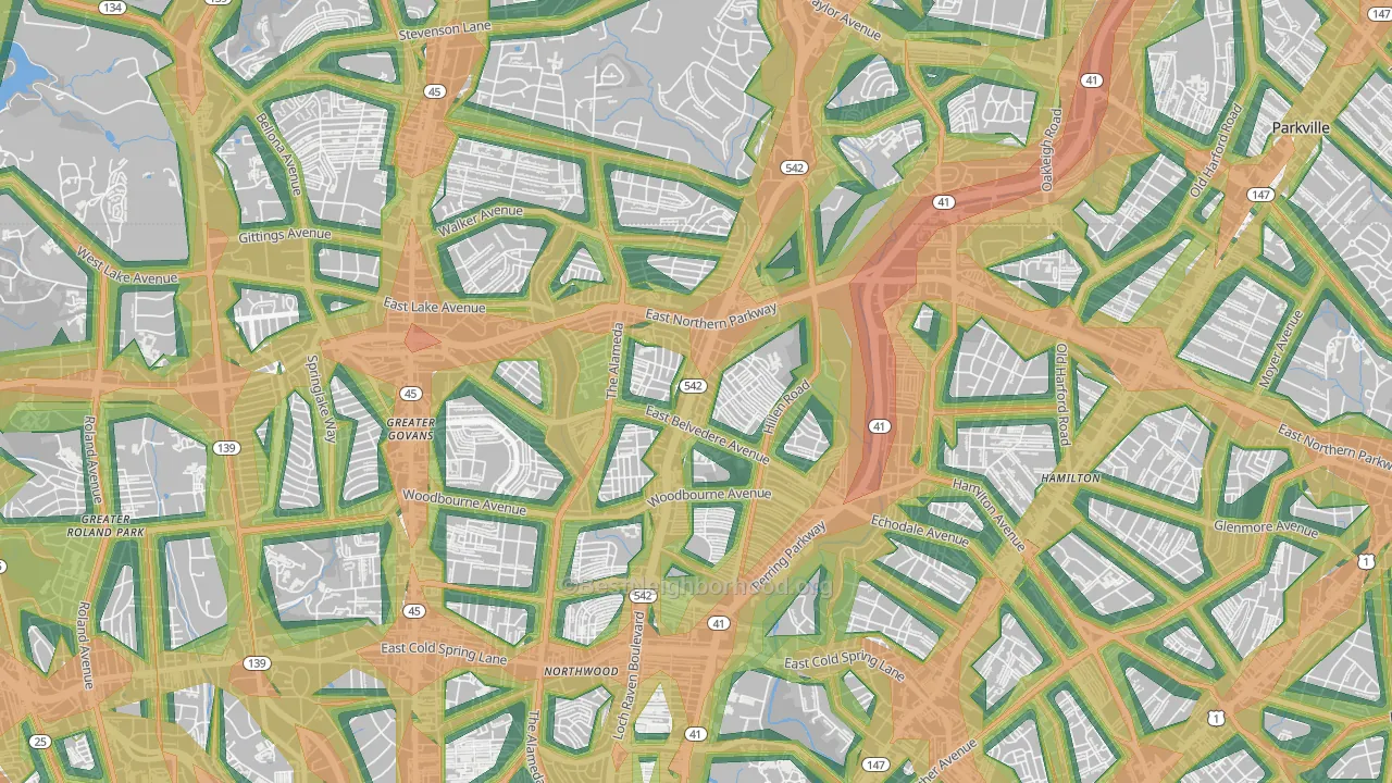 Upper Northwood, Baltimore, MD Map of Noise Levels in Upper Northwood