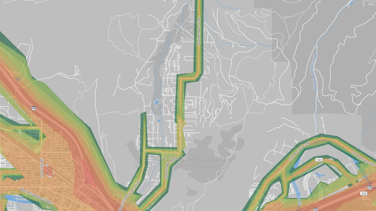 Upper Rattlesnake, Missoula, MT Map of Noise Levels in Upper Rattlesnake