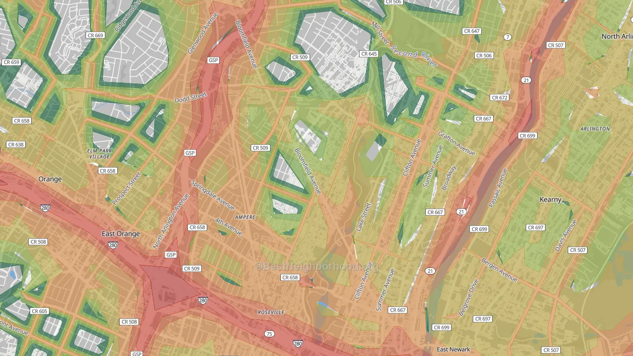 Upper Roseville, Newark, NJ Map of Noise Levels in Upper Roseville
