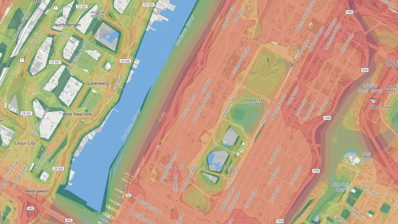 Upper West Side, Manhattan, NY Map of Noise Levels in Upper West Side