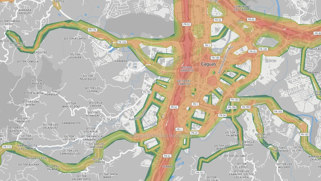 Urbanizacion Bonneville Hts, Caguas, PR Map of Noise Levels in Urbanizacion Bonneville Hts