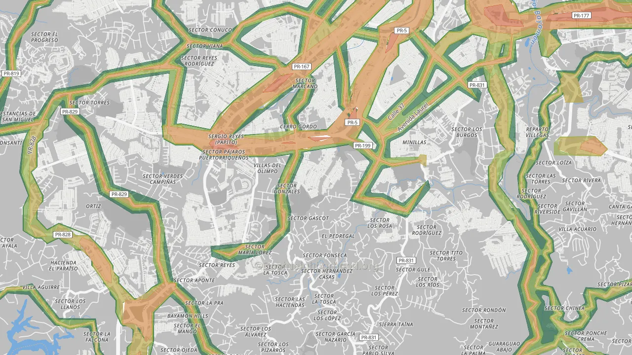 Urbanizacion El Cortijo, Bayamon, PR Map of Noise Levels in Urbanizacion El Cortijo