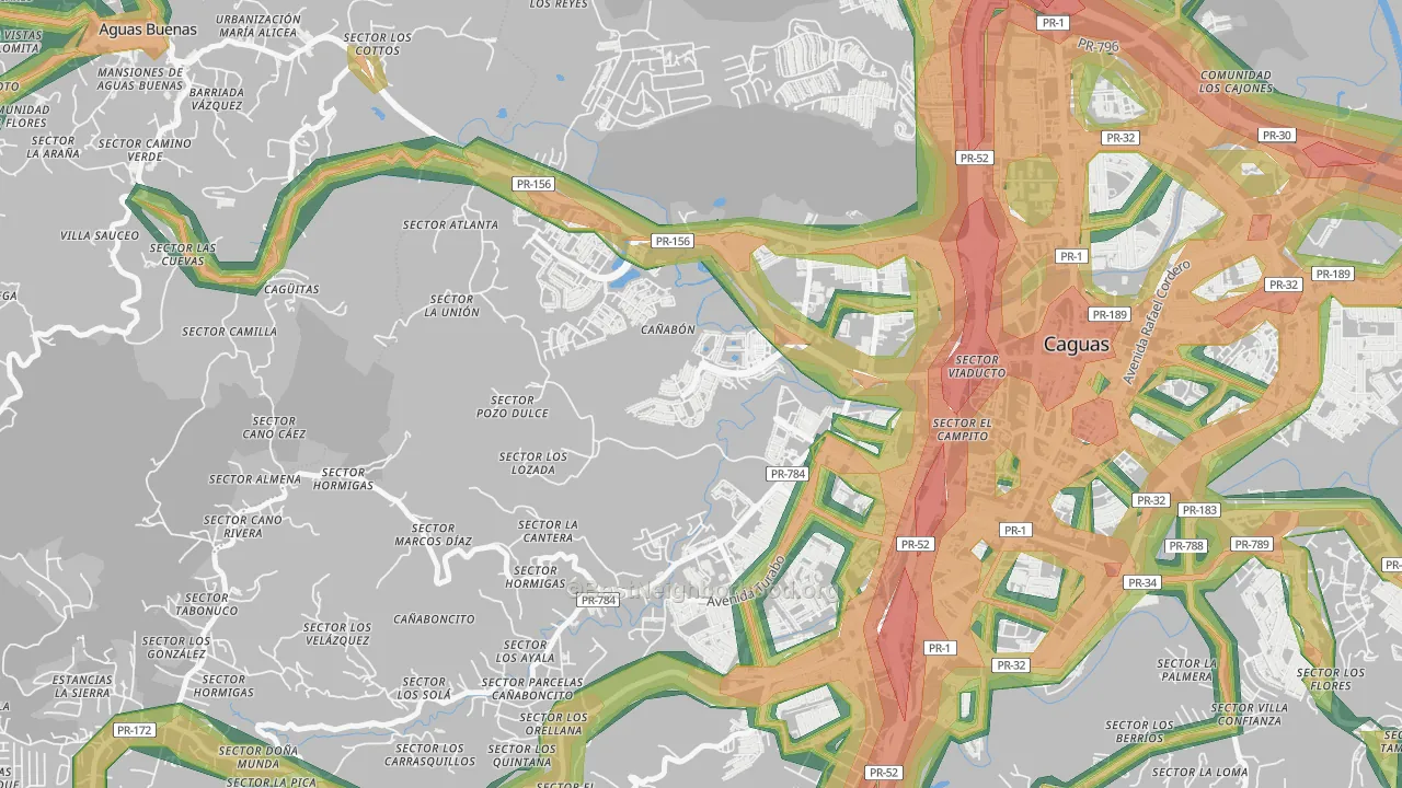 Urbanizacion El Valle At Los Prados, Caguas, PR Map of Noise Levels in Urbanizacion El Valle At Los Prados