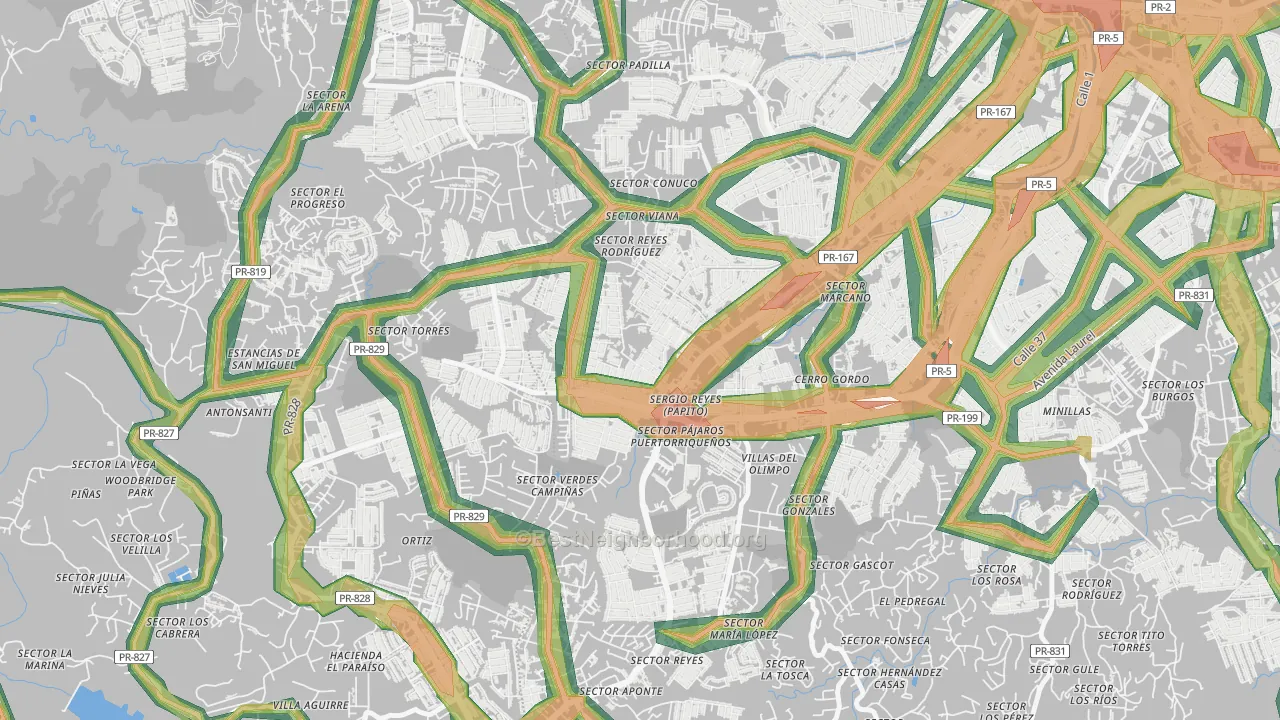 Urbanizacion Rexville, Bayamon, PR Map of Noise Levels in Urbanizacion Rexville