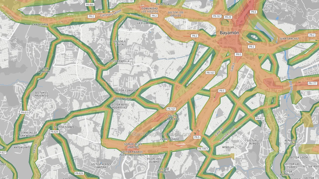Urbanizacion Sierra Linda, Bayamon, PR Map of Noise Levels in Urbanizacion Sierra Linda