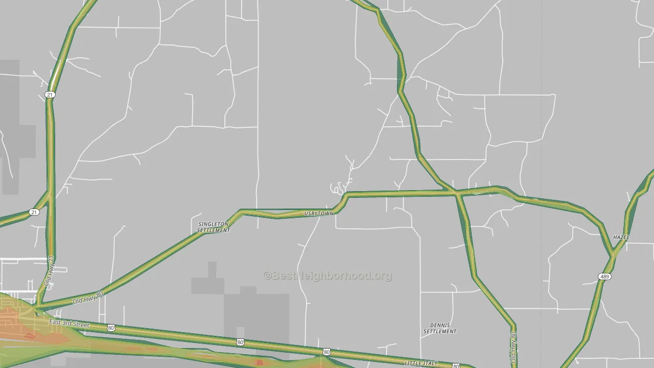 Usrytown, MS Map of Noise Levels in Usrytown