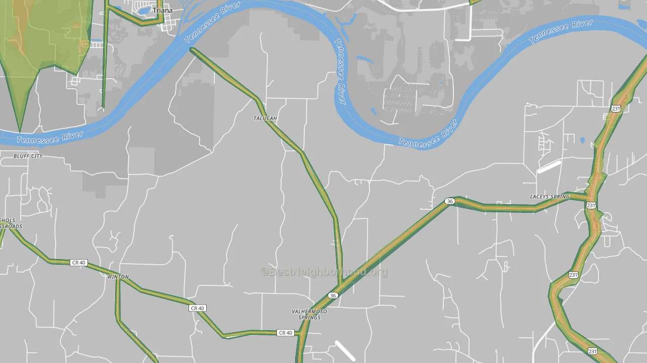 Valhermoso Springs, AL Map of Noise Levels in Valhermoso Springs