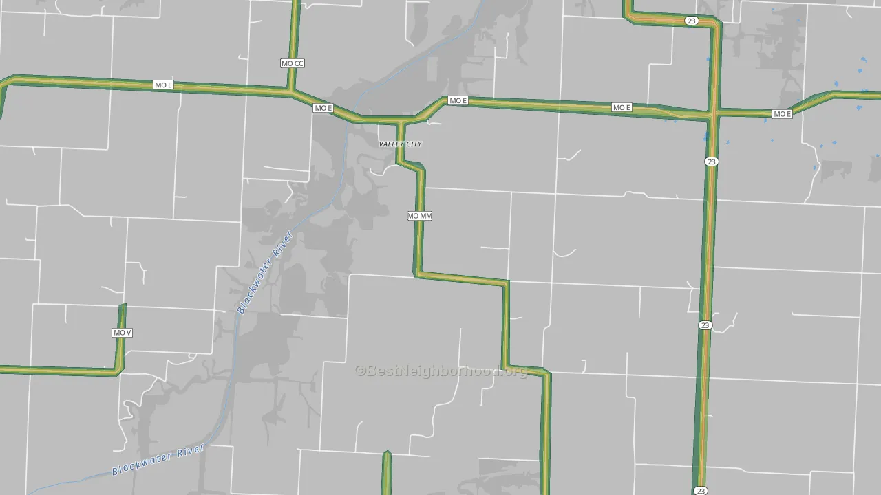 Valley City, MO Map of Noise Levels in Valley City
