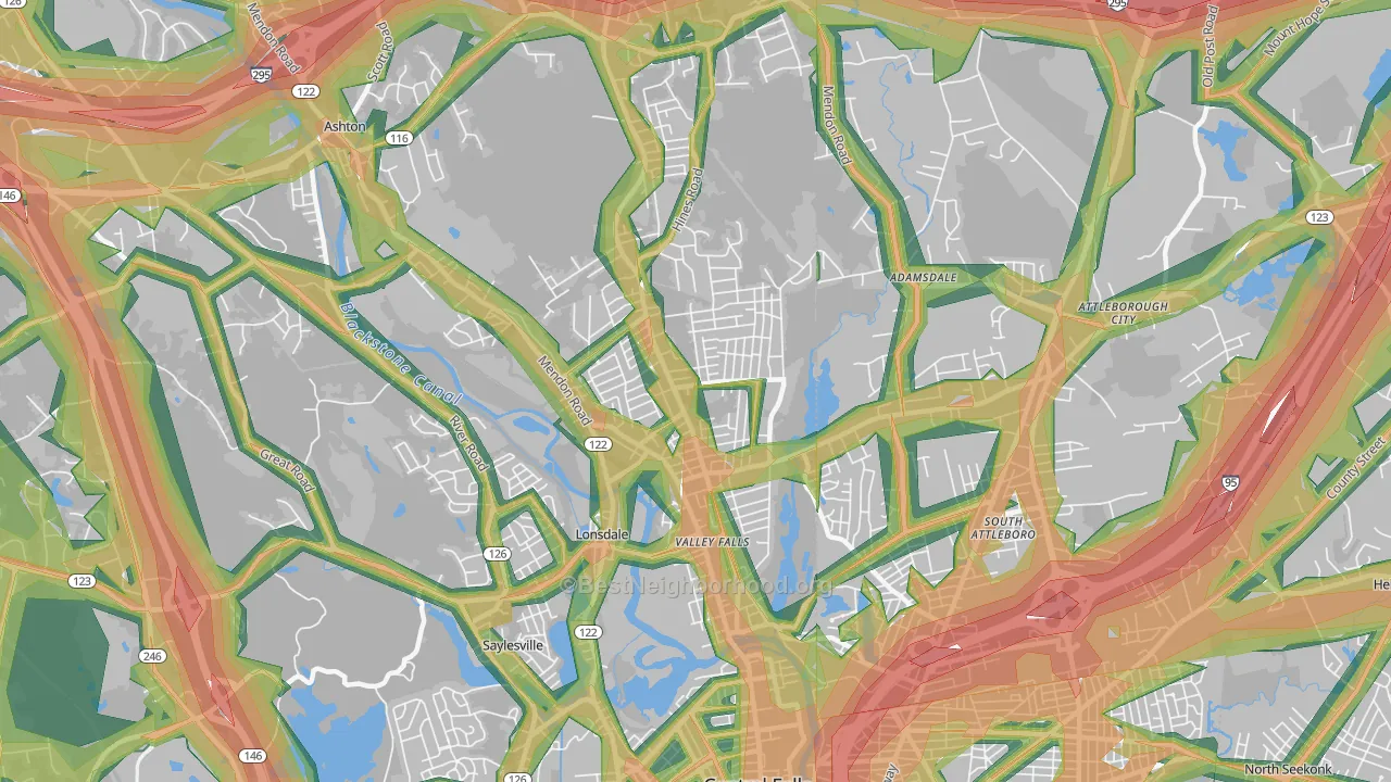 Valley Falls, RI Map of Noise Levels in Valley Falls