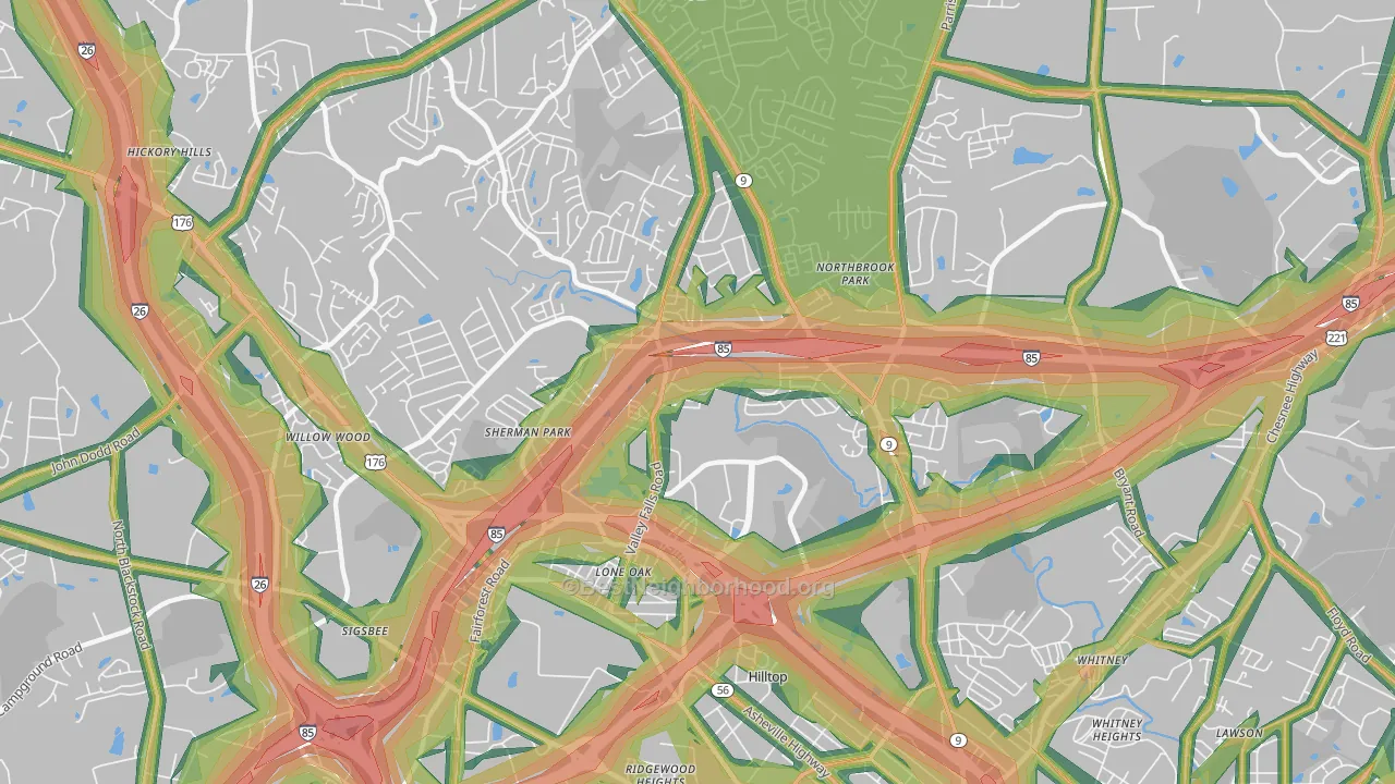 Valley Falls, SC Map of Noise Levels in Valley Falls