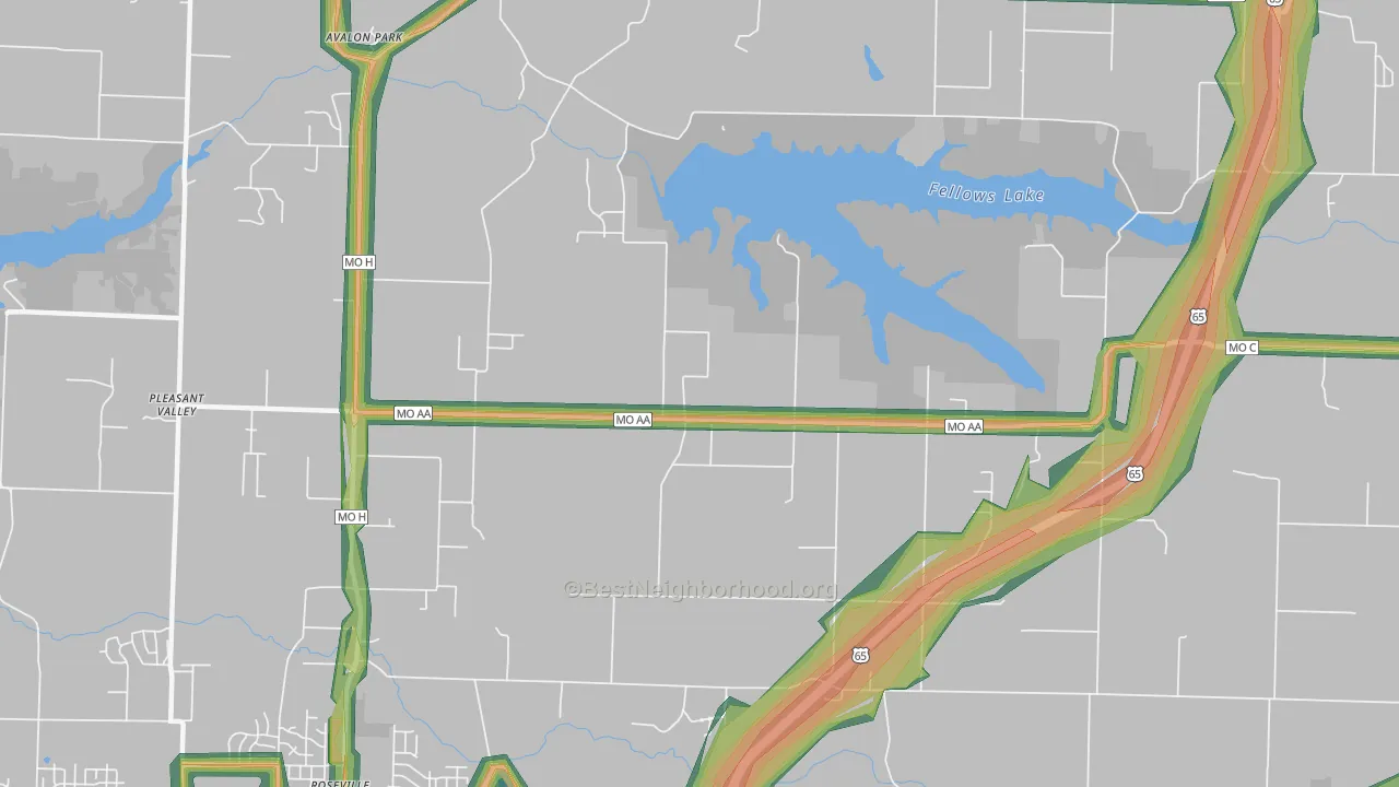 Valley Water Mills, MO Map of Noise Levels in Valley Water Mills