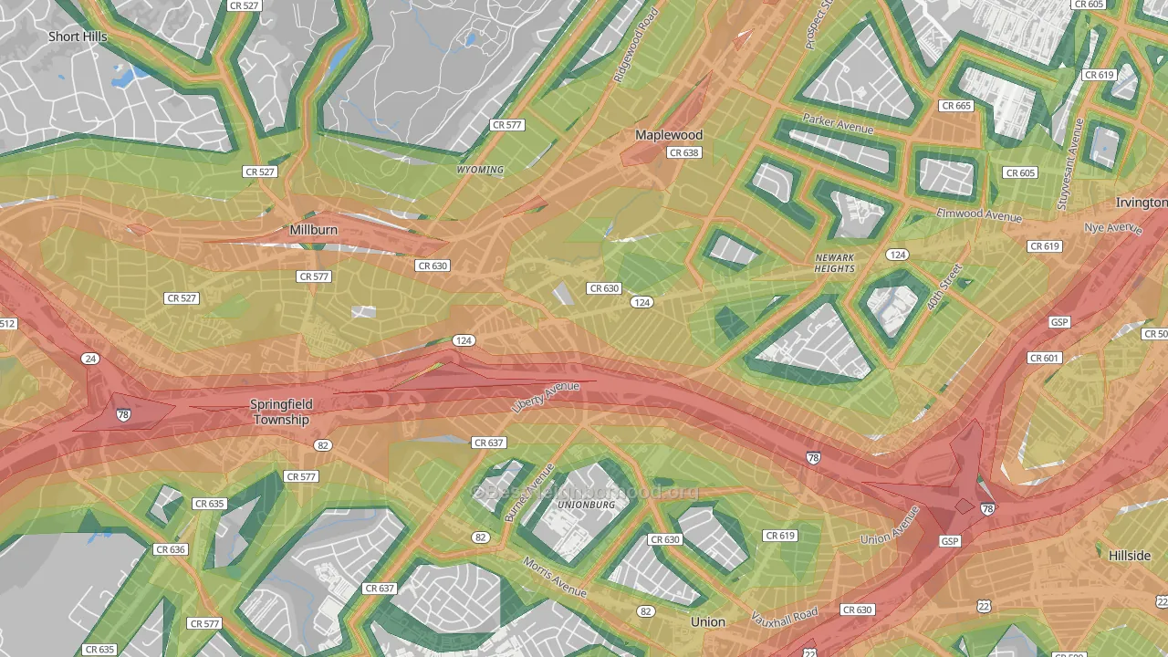 Vauxhall, NJ Map of Noise Levels in Vauxhall