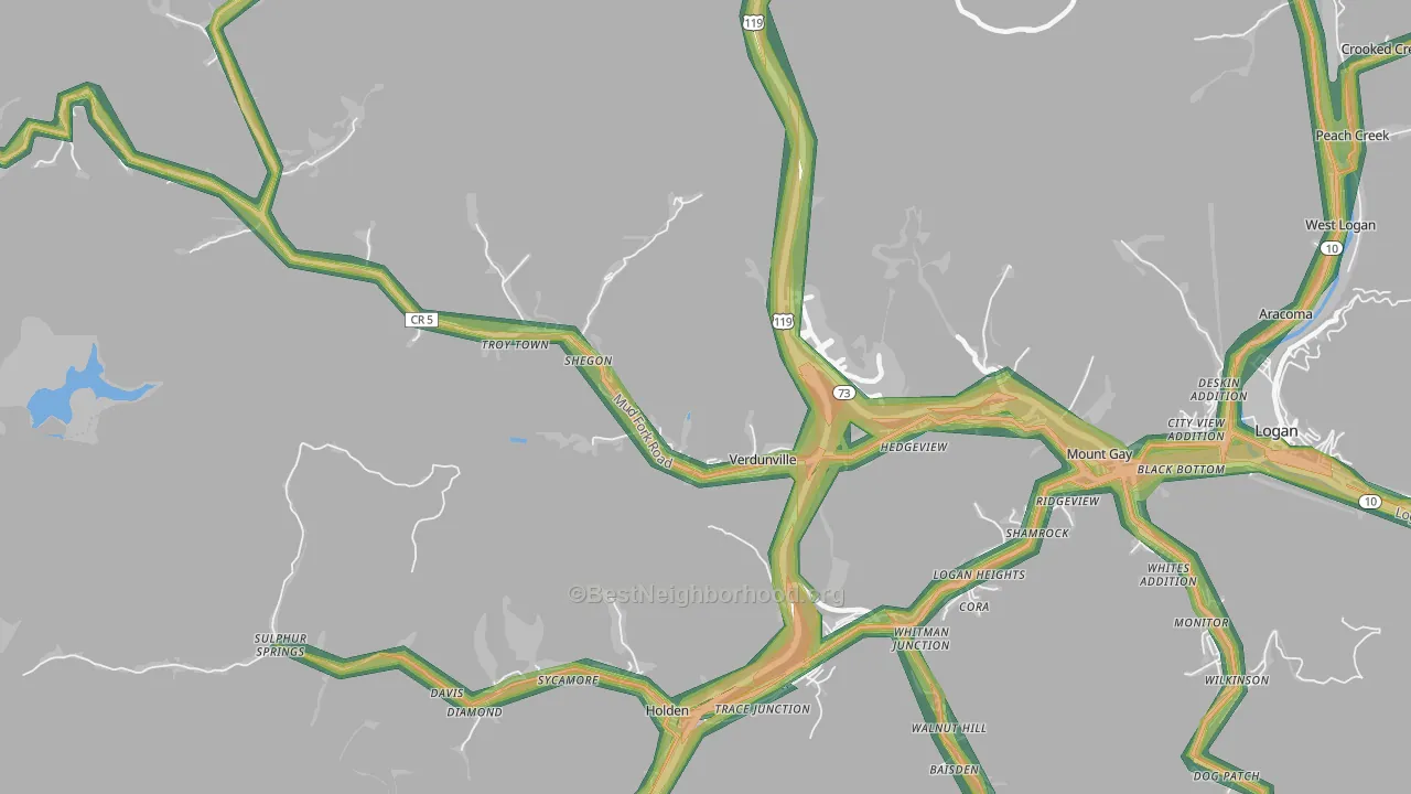 Verdunville, WV Map of Noise Levels in Verdunville
