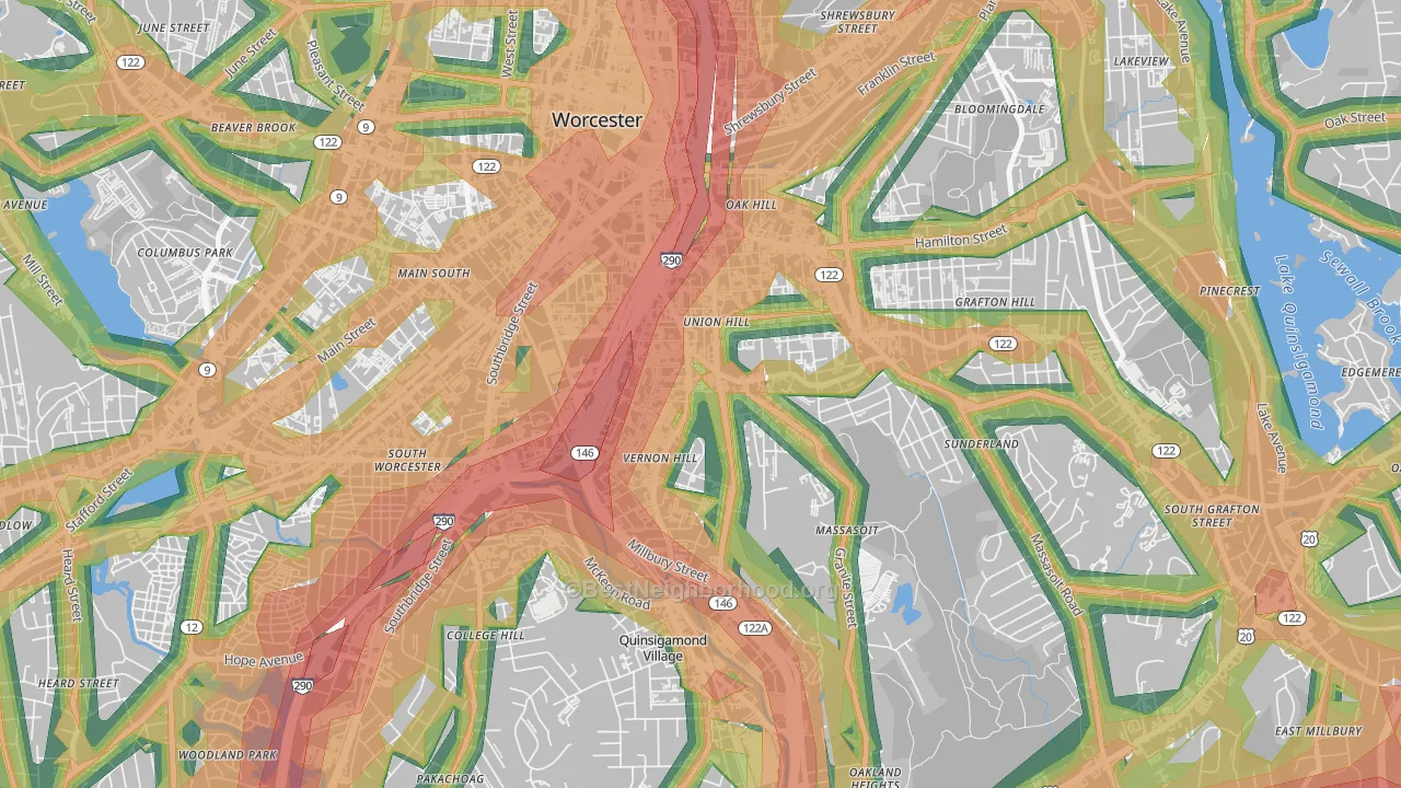 Vernon Hill, Worcester, MA Map of Noise Levels in Vernon Hill