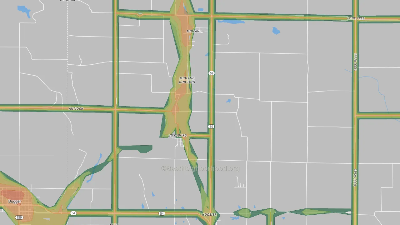 Vicksburg, IN Map of Noise Levels in Vicksburg